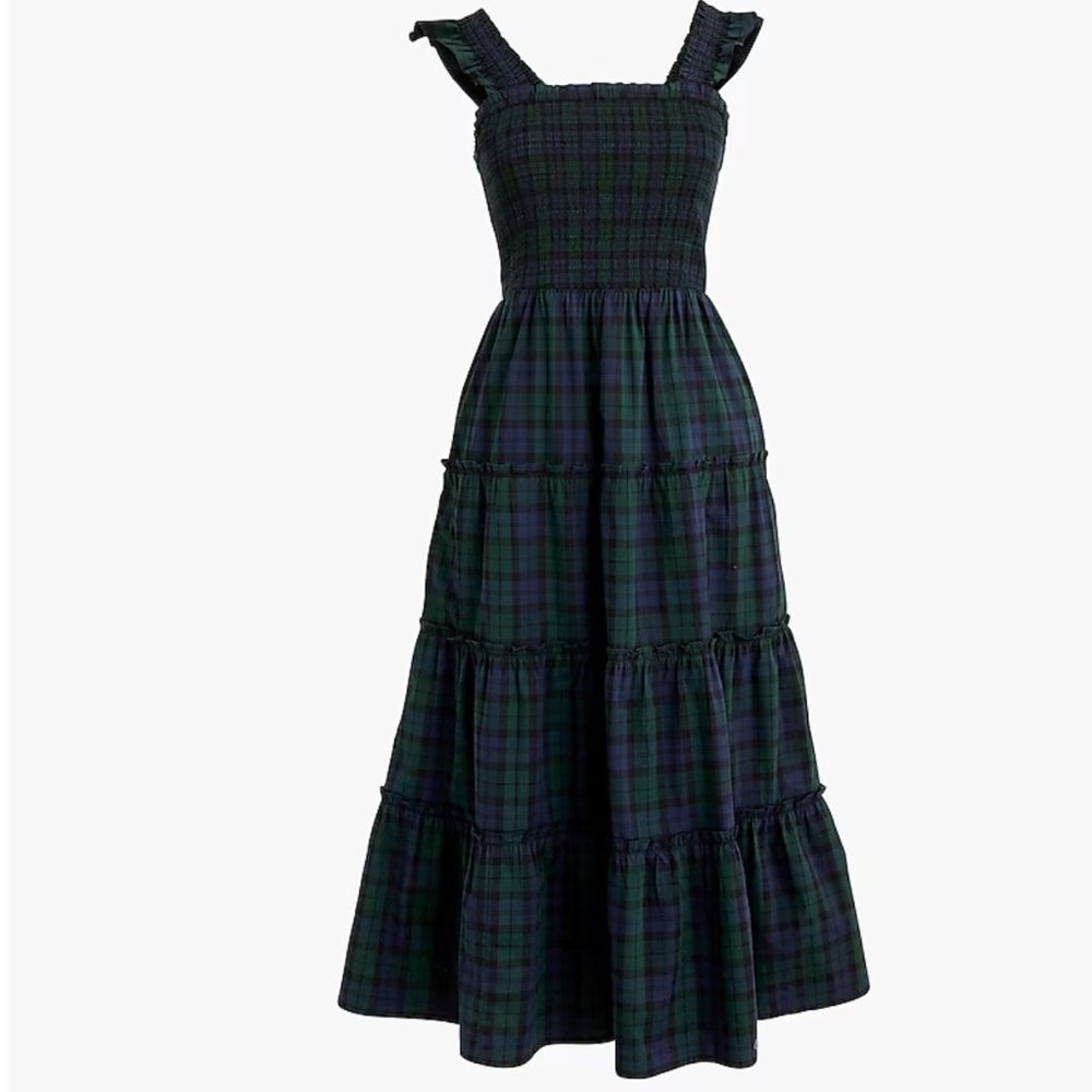 NWT J.Crew Tartan cotton poplin smocked tiered midi dress